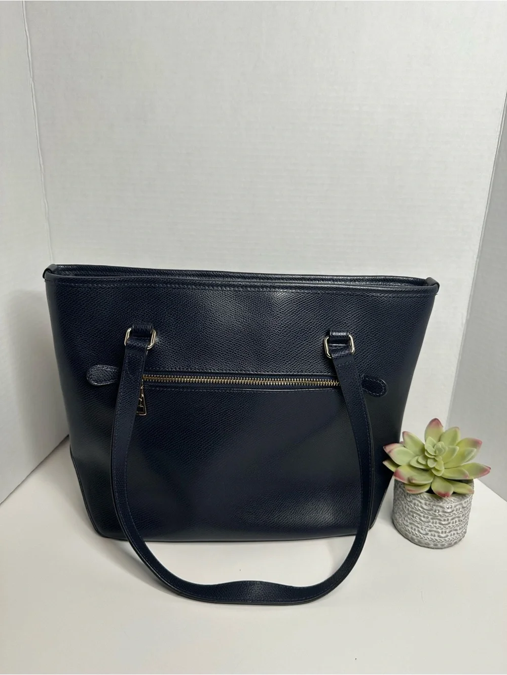 Coach Navy Pebbled Leather Tote with Tag and Gold Accent